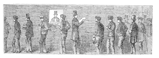 Schwarz-weißer Stich von Menschen in einer Reihe, einer hält ein Papier mit einer Wahlkabine.