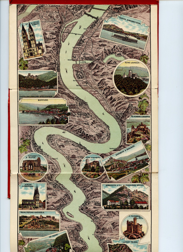 Ein altes Rheinkartenblatt aus Deutschland, gerahmt und mit Bildern von Gebäuden, Bäumen und Wasser.