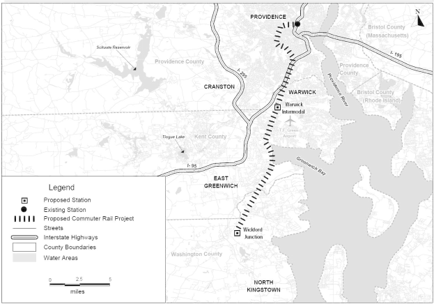 Schwarze und weiße Stadtkarte mit einem Fluss, beschriftet mit "Vorgeschlagenes S-Bahn-Projekt" auf der linken Seite, zeigt Straßen, Autobahnen und stadtinterne Merkmale.