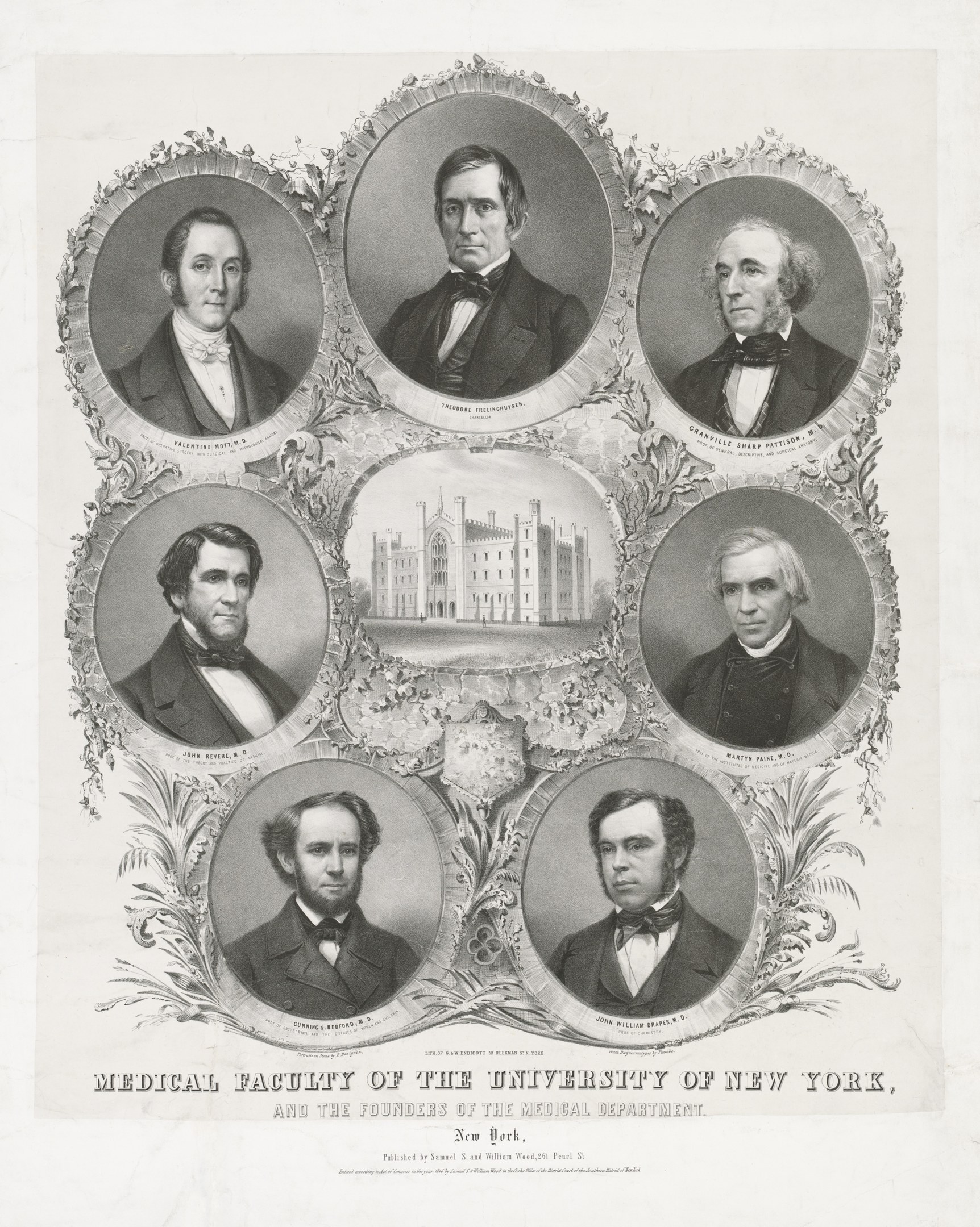 Schwarzes und weißes Foto von formell gekleideten Männern, die vor einem Gebäude posen, mit Text unten, der lautet: "Medizinische Fakultät der Universität New York und die Gründer der medizinischen Abteilung."