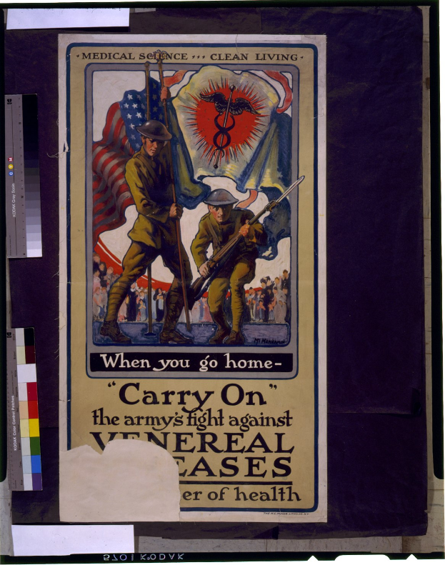 Ein Plakat mit zwei bewaffneten Personen, die eine Fahne halten, und einem Text, der die Zuschauer dazu aufruft, den Kampf gegen gesundheitliche Probleme zu Hause fortzusetzen.