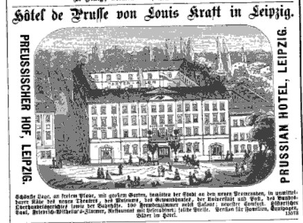 Schwarze-weiße Anzeige für ein Leipziger Hotel mit einer Illustration des Gebäudes, umgeben von Bäumen und Menschen, begleitet von beschreibendem Text.