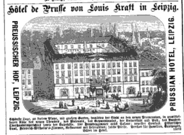 Schwarze-weiße Anzeige für ein Leipziger Hotel mit einer Illustration des Gebäudes, umgeben von Bäumen und Menschen, begleitet von beschreibendem Text.
