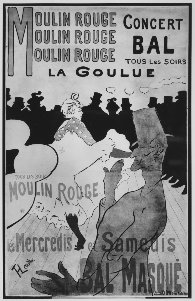 Ein Schwarz-Weiß-Plakat, das ein Moulin-Rouge-Konzert in Paris ankündigt, mit einem Mann und einer Frau, die tanzen, und Text darauf.
