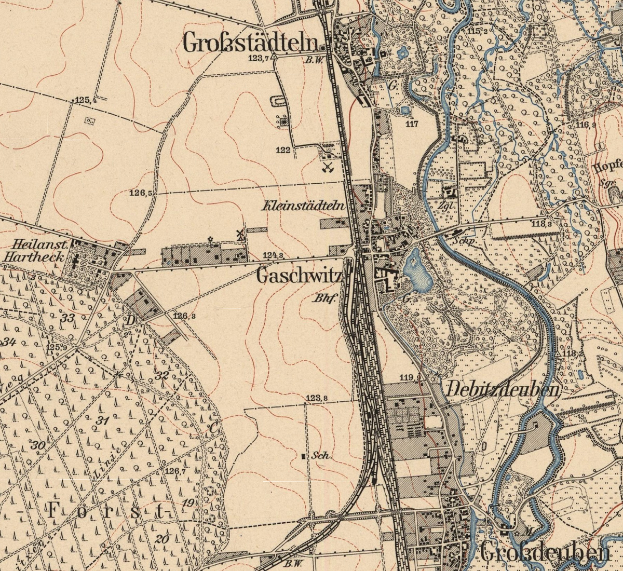 Ein altes Stadtplan von Großstadt, Deutschland, mit Text und Zahlen, die den Standort der Stadt angeben.