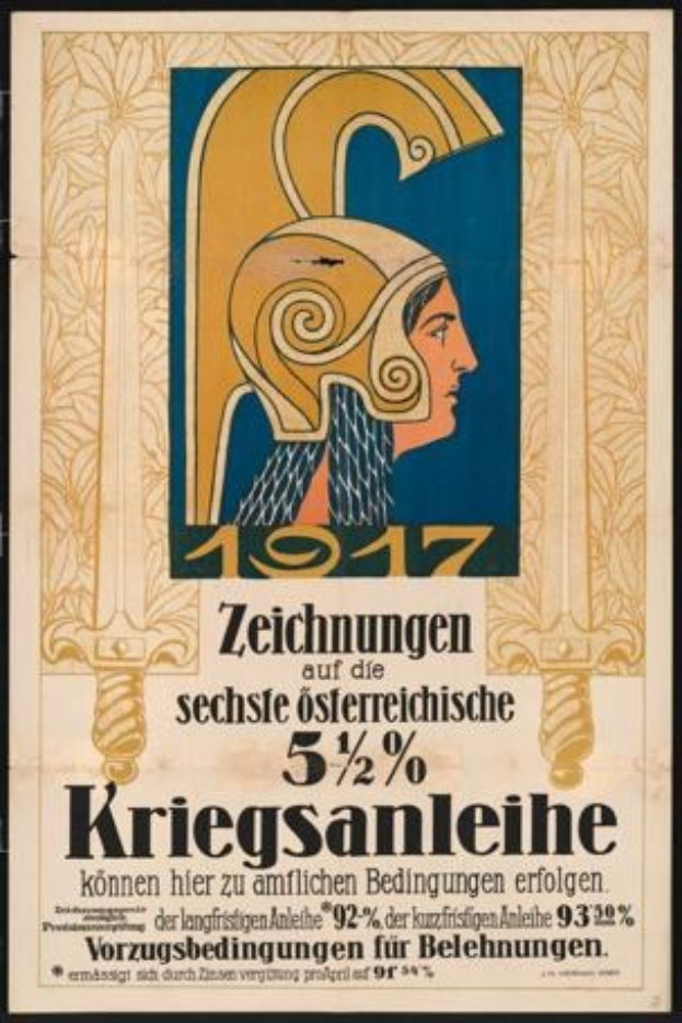 Plakatankündigung eines Konzerts in Berlin, Deutschland, 1917, mit einer Frau in einem Helm, die ein Schwert hält