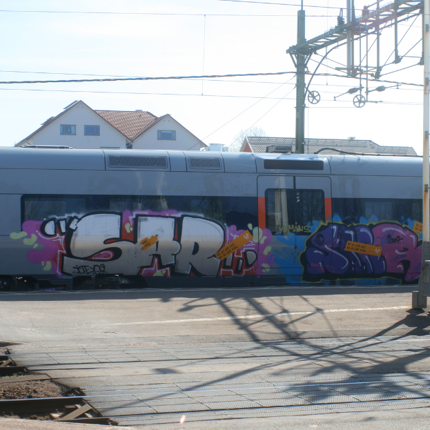 Graffiti bedeckt die Seite eines Zuges mit sichtbaren Kabeln, und Häuser mit Fenstern sind im Hintergrund zu sehen.