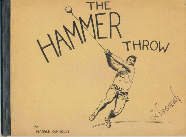 Ein Buch mit dem Titel "Der Hammerwurf" von Harold Connolly, das eine Zeichnung eines Mannes in einem blauen Hemd zeigt, der entschlossen einen Hammer wirft, vor einem hellgelben Hintergrund.