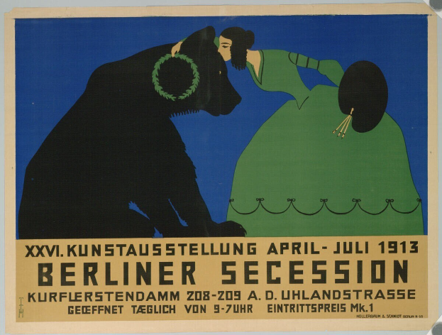 Plakat der Berliner Secession von 1913, das eine Frau und einen Hund mit Text zeigt.