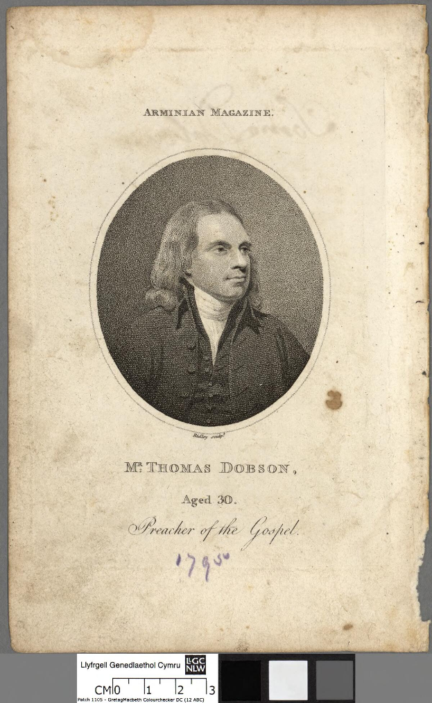 Porträt von Herrn Thomas Dobson, einem Prediger, mit ernstem Gesichtsausdruck, dunklem Haar und einem weißen Hemd und schwarzer Weste, mit vor der Brust verschränkten Händen.