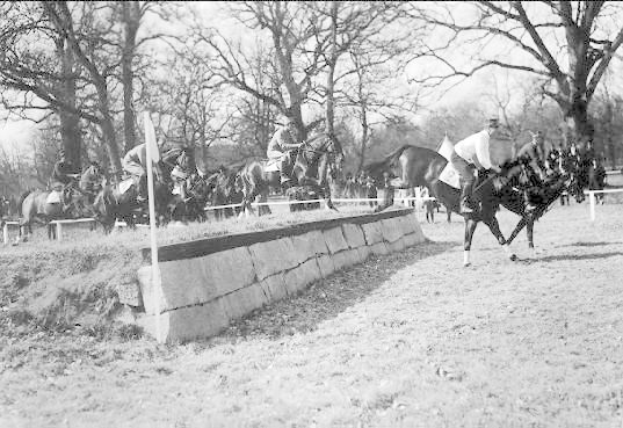 Schwarzes Foto von Menschen, die auf Pferden über eine grüne Wiese mit einer Mauer und Stangen im Vordergrund reiten, Bäume und Himmel im Hintergrund und Text unten, der "Pferdespringen bei der National Horse Show in Washington, D.C. USA" lautet.