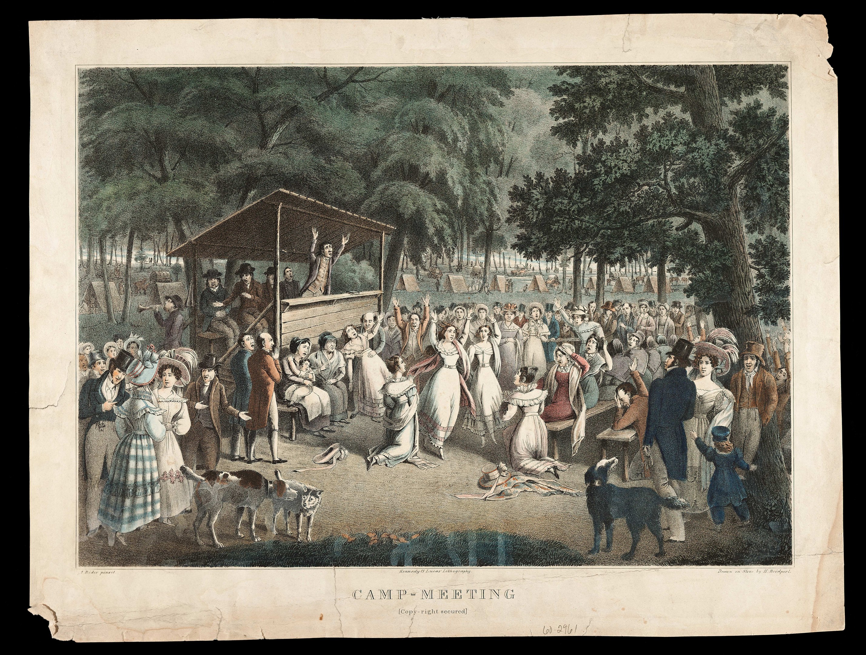 Gruppe von Menschen im Park mit Bäumen im Hintergrund und einer Hütte im Vordergrund, mit 'Camp Meeting' Text unten.