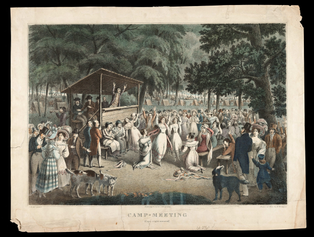 Gruppe von Menschen im Park mit Bäumen im Hintergrund und einer Hütte im Vordergrund, mit 'Camp Meeting' Text unten.