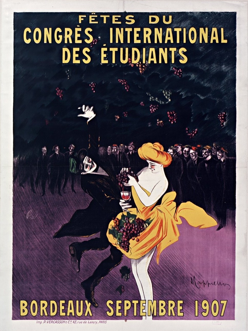 Plakat für ein Bordeaux-Weinprobe-Event im Jahr 1907 mit einer Frau in gelbem Kleid, die ein Weinglas hält, umgeben von einer Menge, mit Eventdetails im Text.