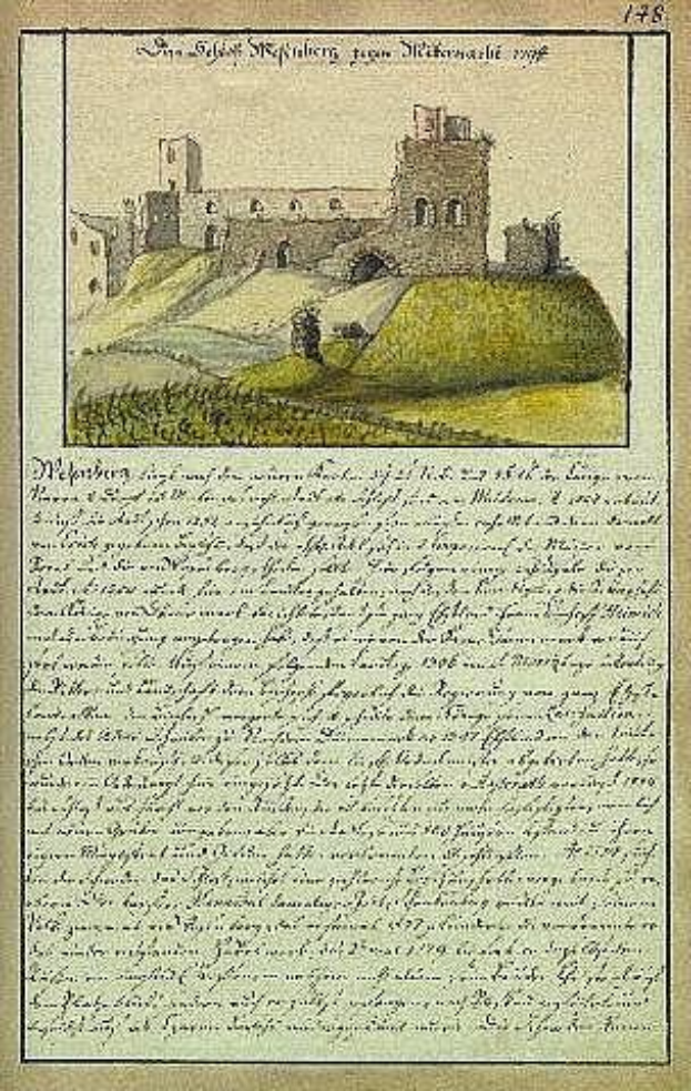 Altes Dokument mit einer Burg-Illustration auf einem Hügel, grünem Gras und blauem Himmel, beschriftet mit "München, Deutschland".