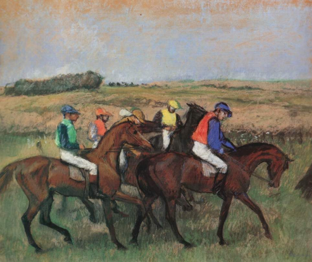 Gemälde von Jockeys auf galoppierenden Pferden in einem grünen Feld mit Bäumen und einem hellblauen Himmel im Hintergrund.