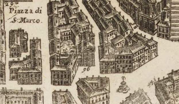 Ein detailliertes Zeichnung einer Stadt mit verschiedenen einzigartig gestalteten Gebäuden und handgeschriebenen Notizen auf dem Papier.