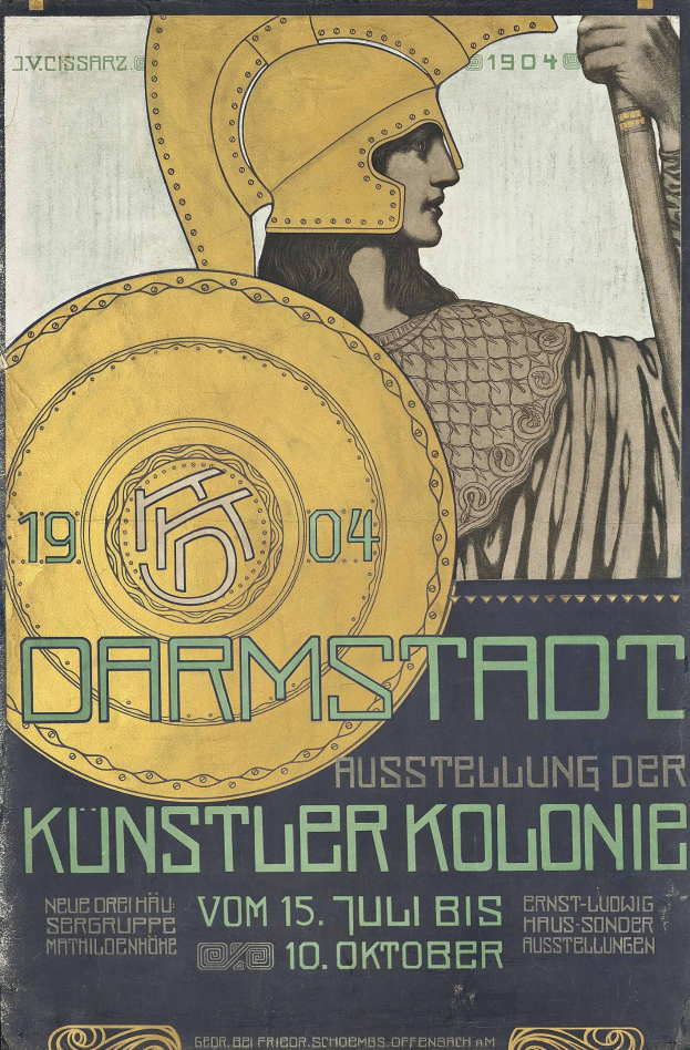 Plakat fuers Konzert in Berlin 1904 mit einer Helme tragenden Figur, die ein Schild mit «Darmstadt» und «Kuenstler Kolonie» haelt.