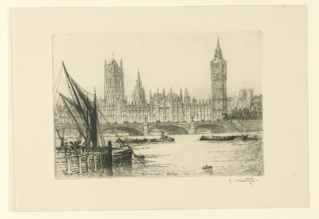 Eine Zeichnung von Big Ben und dem Houses of Parliament in London, mit Booten auf dem Wasser, einer Brücke und Gebäuden im Hintergrund, mit Text unten.