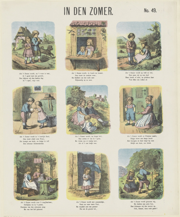 Ein buntes Kinderbild von spielenden Kindern in einem grünen Garten mit Bäumen und Text in einer kindlichen Schriftart.