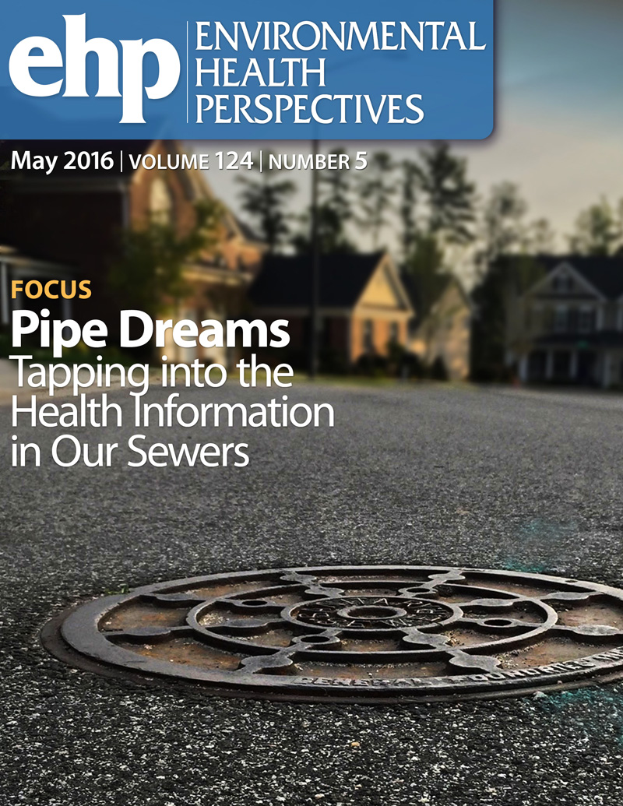 Ein Gullideckel im Vordergrund einer Straße, umgeben von Gebäuden und Bäumen unter einem klaren blauen Himmel, mit dem Text "Environmental Health Perspectives May 2016" auf dem Deckel.