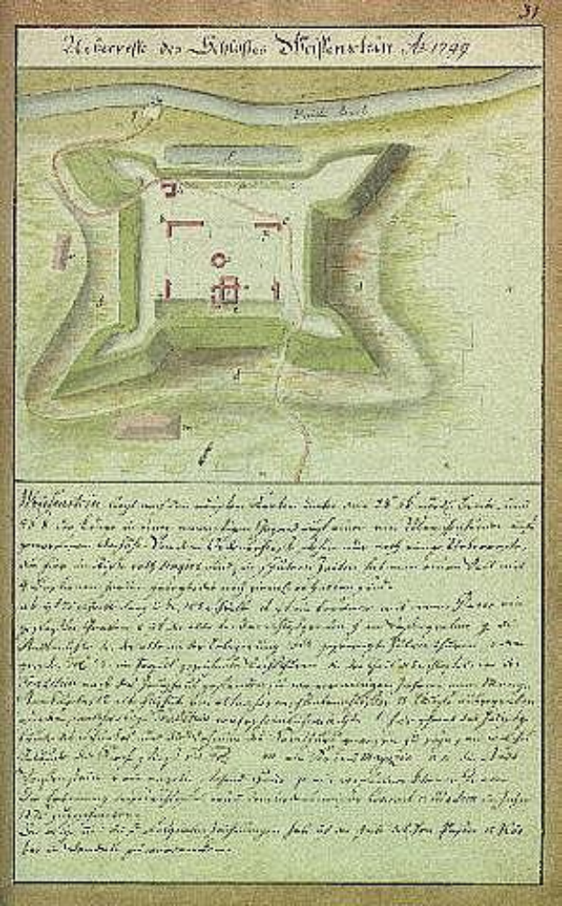 Ein altes Stadtplan von Stuttgart, Deutschland, das ein Schloss in der Mitte zeigt, mit begleitendem Text, der Details zur Größe, Lage und anderen Merkmalen des Schlosses enthält.