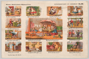 Ein abgenutztes Buch mit gedruckten Bildern von Kindern, die in einem sonnigen, grünen Garten spielen, mit Aktivitäten wie Spielzeugspielen und Ballspielen.