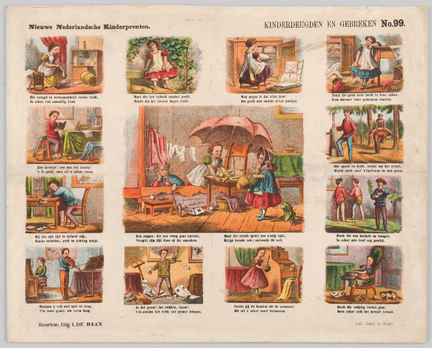 Ein abgenutztes Buch mit gedruckten Bildern von Kindern, die in einem sonnigen, grünen Garten spielen, mit Aktivitäten wie Spielzeugspielen und Ballspielen.