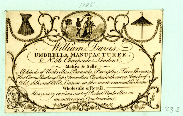 Alte Visitenkarte mit einem Porträt von William Davis, einem Schirmhersteller, mit Text, der die Dienstleistungen des Unternehmens beschreibt.