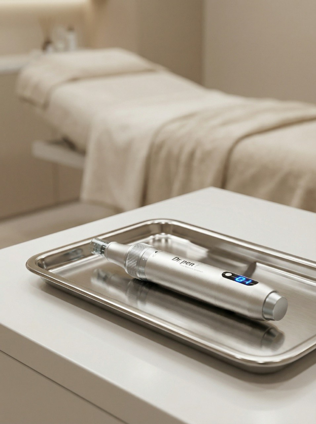 Ein modernes Microneedling-Gerät auf einem sterilen Tablett in einem professionell ausgestatteten Kosmetikstudio.