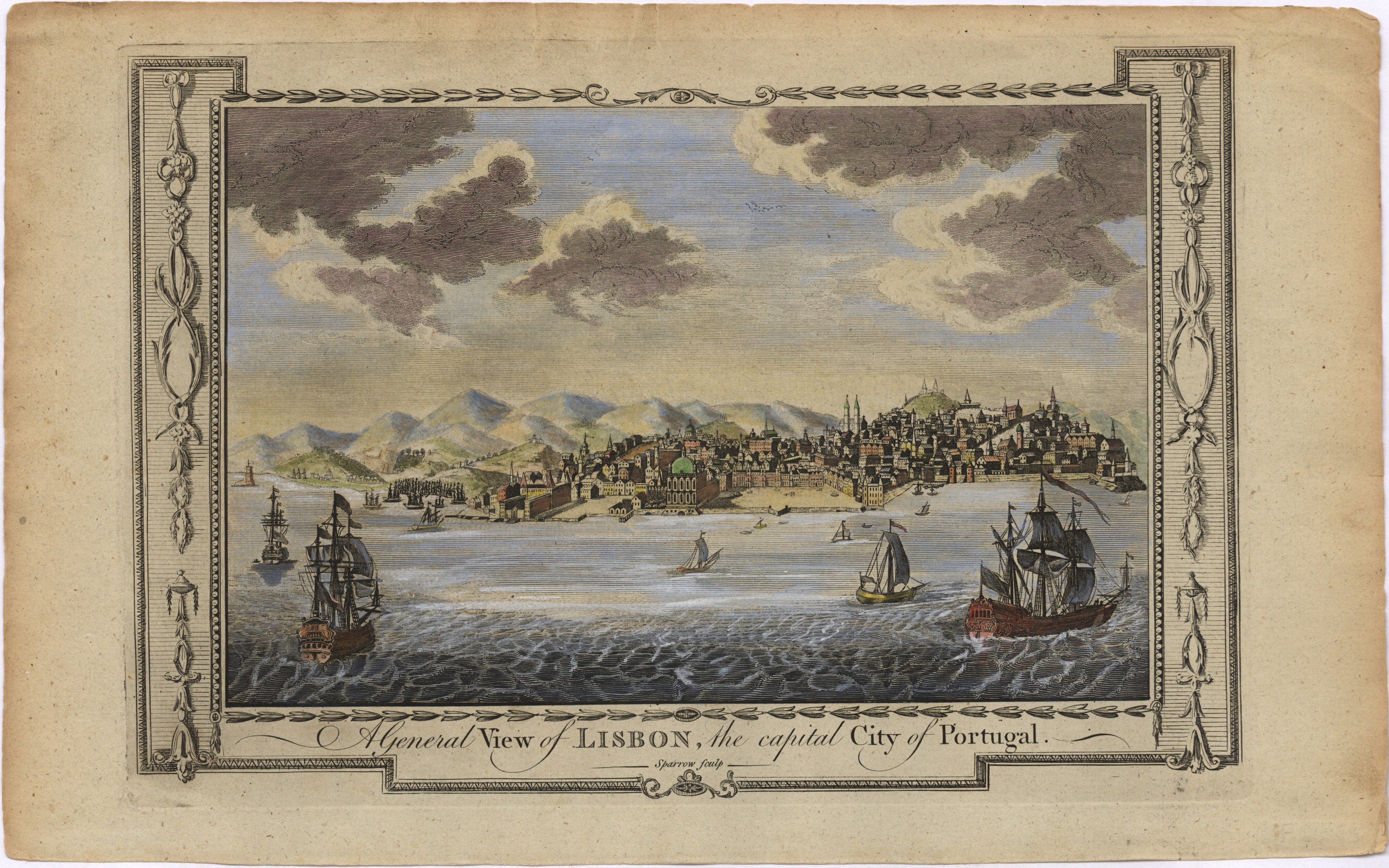 Eine Panoramansicht von Lissabon, Portugal, mit Booten auf dem Wasser, Gebäuden auf Hügeln und einem bewölkten Himmel, mit Text unten.