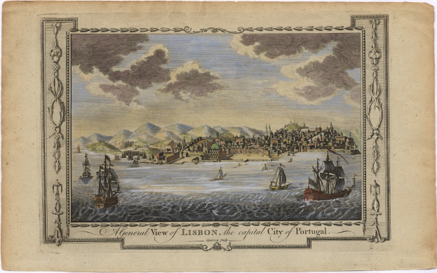 Eine Panoramansicht von Lissabon, Portugal, mit Booten auf dem Wasser, Gebäuden auf Hügeln und einem bewölkten Himmel, mit Text unten.