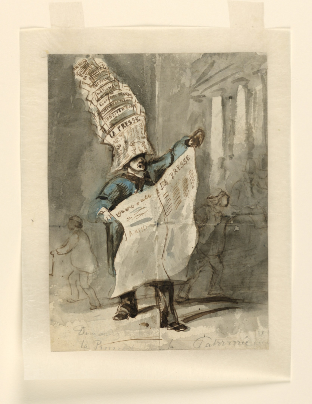 Ein Mann mit einer Zeitung auf dem Kopf, der entschlossen aussieht und eine Mütze trägt, steht vor einer Gruppe erwartungsvoller Menschen.