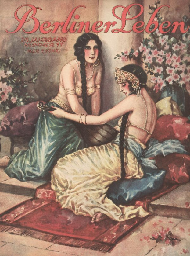 Ein Plakat von zwei Frauen, die auf einem Bett umgeben von Kissen und Pflanzen mit Blumen sitzen, mit dem Text "Berliner Leben Magazin-Cover aus Oktober 1931" oben.