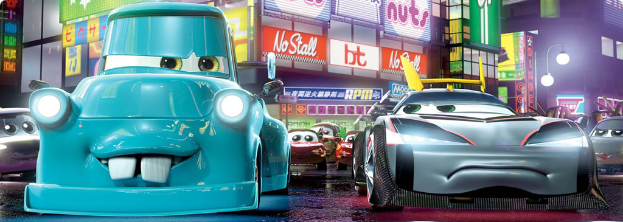 Eine Cartoon-Szene mit Autos auf der Straße, Gebäuden, Straßenlaternen, Straßenlaternen und Werbetafeln.