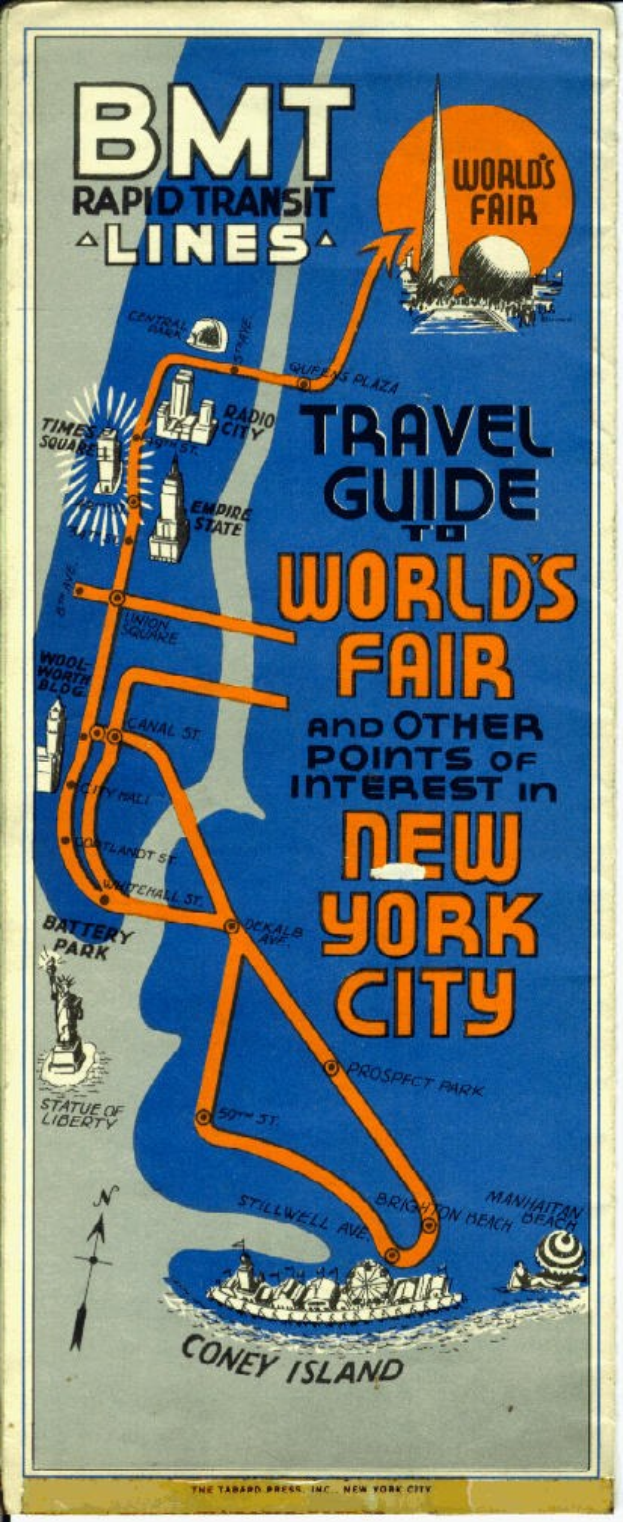 Plakat mit einer Karte der Weltausstellung New York 1964 mit Textinformationen über das Ereignis und seine Attraktionen.