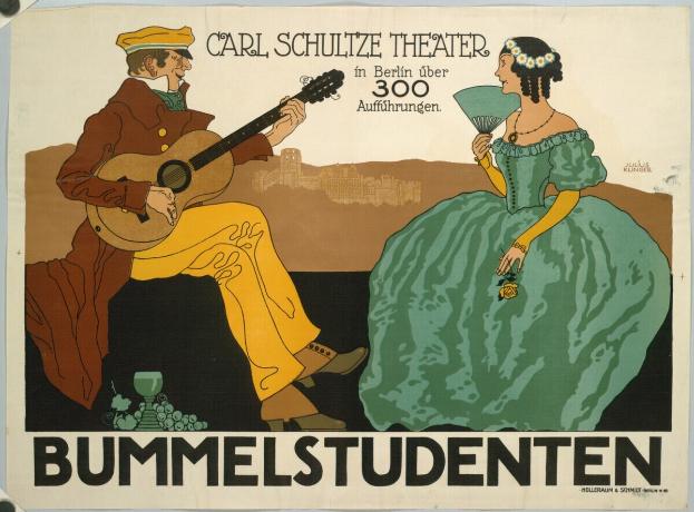 Ein Plakat wirbt für ein Konzert im Carl-Schulze-Theater in Berlin, Deutschland, mit einem Mann, der eine Gitarre spielt, und einer Frau, die einen Fächer hält, sowie Text auf dem Plakat.