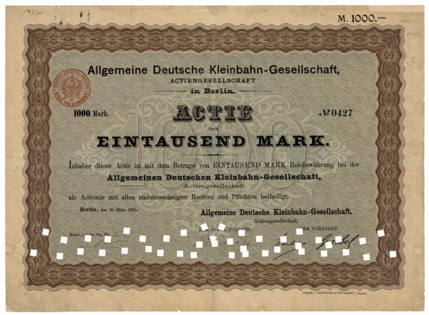 Alter deutscher Regierungsaktienchein mit gedrucktem Text und einem offiziellen Stempel.