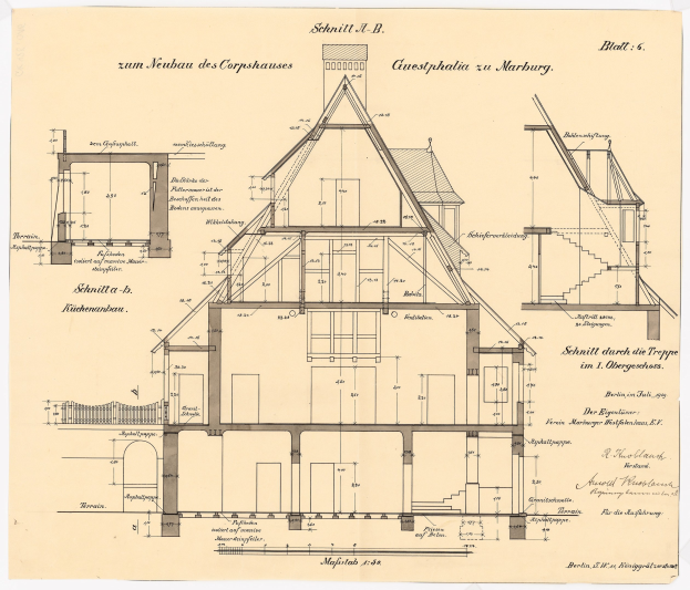 Ein detaillierter architektonischer Entwurf eines historischen Hauses mit zahlreichen Fenstern und einem Dach, identifiziert als das erste Haus in Deutschland, begleitet von Text und Strukturplänen.