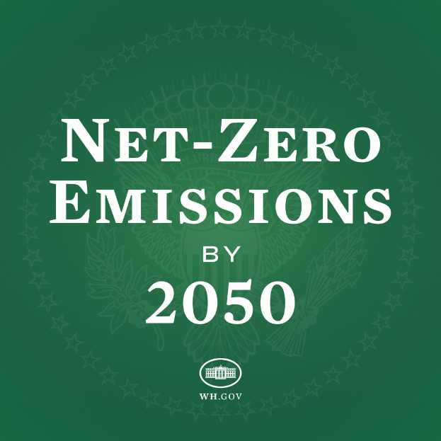 Weißer fetter Text auf einem grünen Hintergrund, der "netto-null-Emissionen bis 2050" anzeigt.