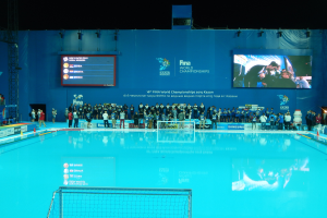 Eine Gruppe von Menschen um ein Schwimmbecken mit Netz am Boden herumstehend, mit einer Wand im Hintergrund, die einen Bildschirm mit "FINA World Championships 2015 Kazan" sowie Logos, Trägern und Lichtern anzeigt.
