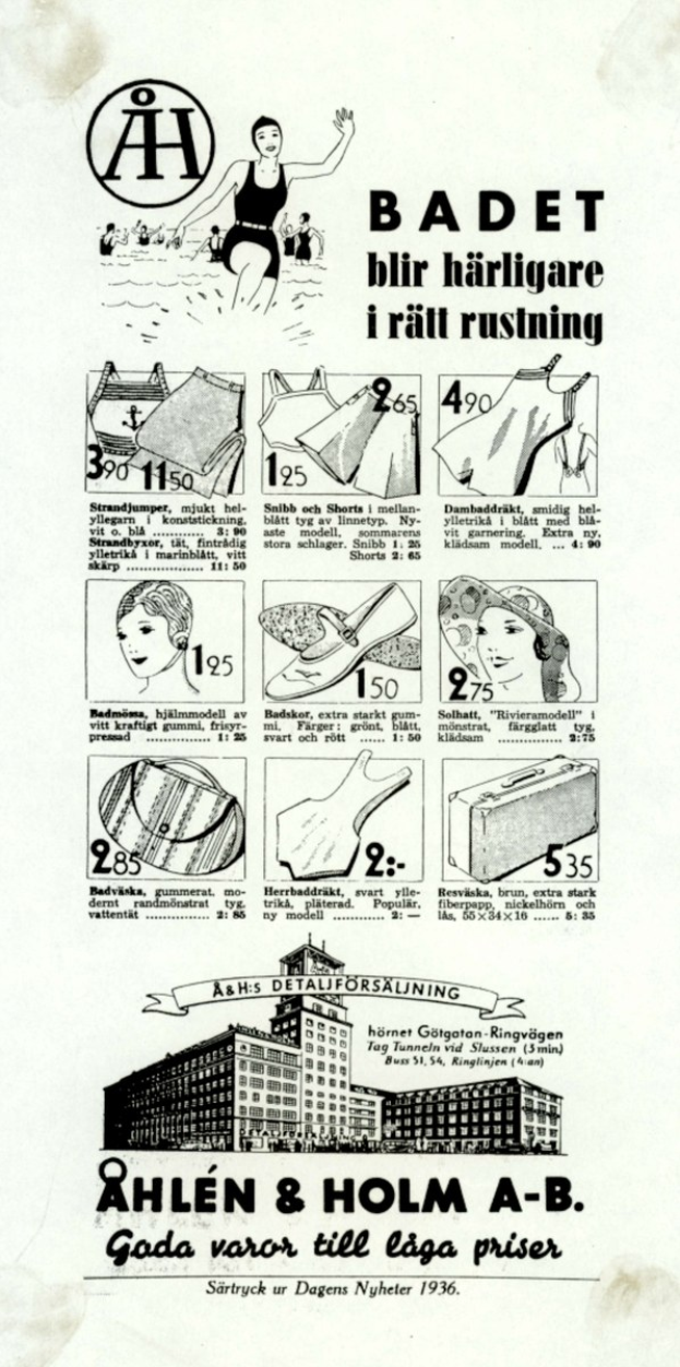 Eine Frau in einem weißen Bikini mit blauen und weißen Streifen posiert auf einem Werbeplakat, umgeben von Bildern von Menschen, Gebäuden und fetter Schrift.