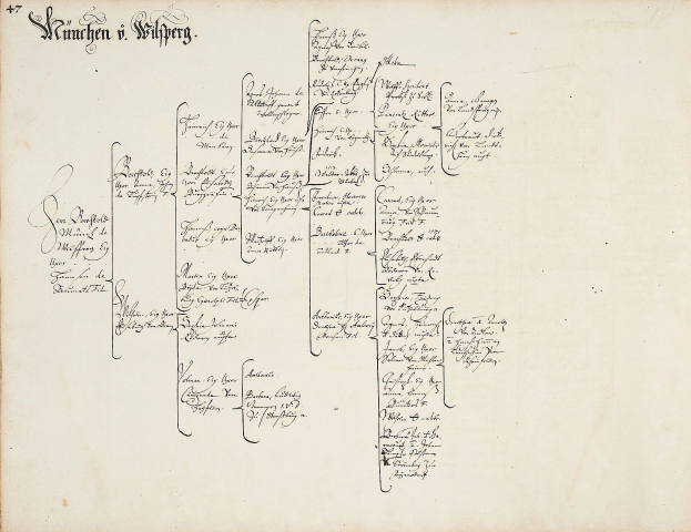 Ein altes Buch mit handgeschriebenem Stammbaum, der die Familiengeschichte von Wilhelm Wilhelm detailliert.