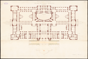 Ein detaillierter Grundrissplan des Reichstagsgebäudes in Berlin, Deutschland, der den kreisförmigen Aufbau, Räume, Flure, Fenster und Türen mit begleitendem Text zeigt, der den Aufbau beschreibt.