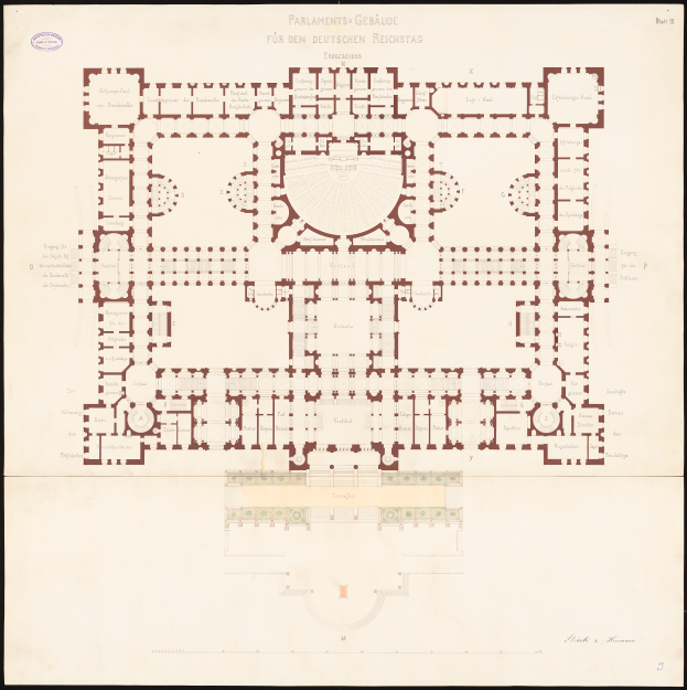 Ein detaillierter Grundrissplan des Reichstagsgebäudes in Berlin, Deutschland, der den kreisförmigen Aufbau, Räume, Flure, Fenster und Türen mit begleitendem Text zeigt, der den Aufbau beschreibt.