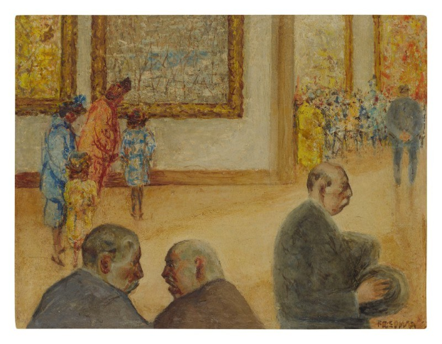 Gemälde 'Die Ausstellung im Museum der Schönen Künste' von Édouard Manet, das formell gekleidete Menschen in einem Raum mit Wänden zeigt, die mit Rahmen verziert sind, in gedämpften Erdtönen dargestellt.