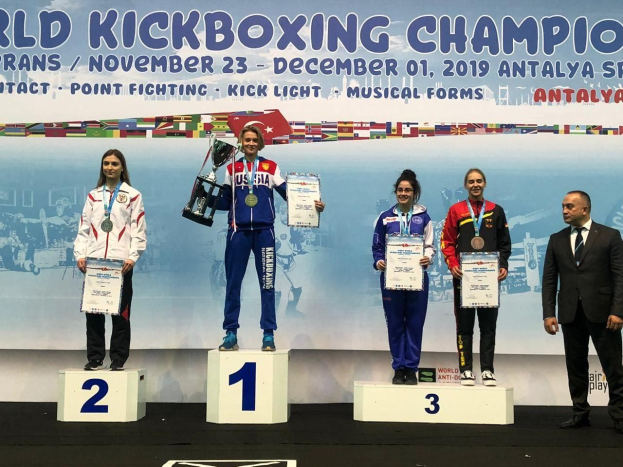 Eine Gruppe von fünf Menschen auf einem Podium stehend, jeder hält eine Trophäe und Urkunden in den Händen, im Hintergrund eine Fahne mit der Aufschrift "World Kickboxing Championship Antalya 2019".