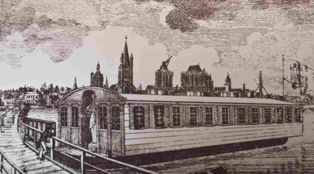 Eine Zeichnung eines Bootes, das an einem Dock liegt, mit Menschen darauf, umgeben von Gebäuden und einem bewölkten Himmel, mit dem Text 'Amsterdam im 19. Jahrhundert' unten.