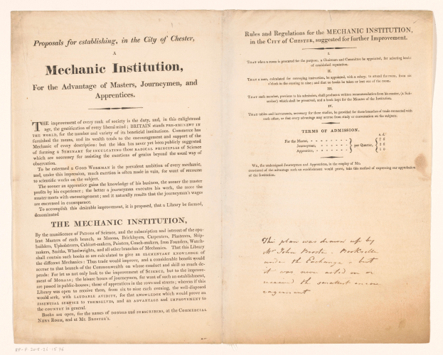 Ein aufgeschlagenes Buch mit dem Titel 'Mechanic Institution, for the Advantage of Masters, Journeymen, and Apprenticeships' auf der Seite.