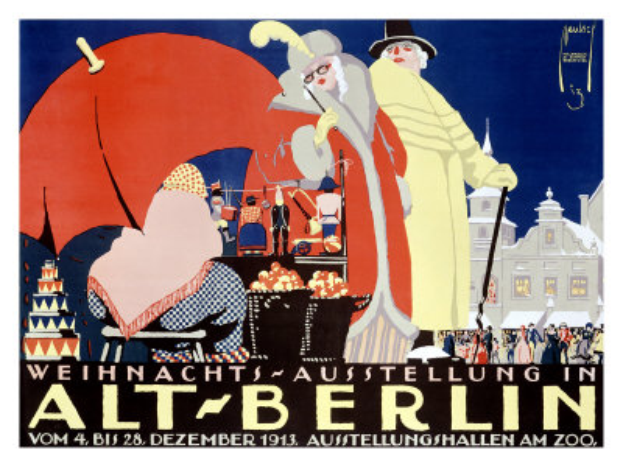 Ein Plakat, das eine Zirkusveranstaltung in Berlin, Deutschland, ankündigt, mit einer farbenfrohen Illustration von Menschen, Gebäuden und Gegenständen und dem Text "Weihnachtsausstellung in Alt-Berlin" oben drauf.